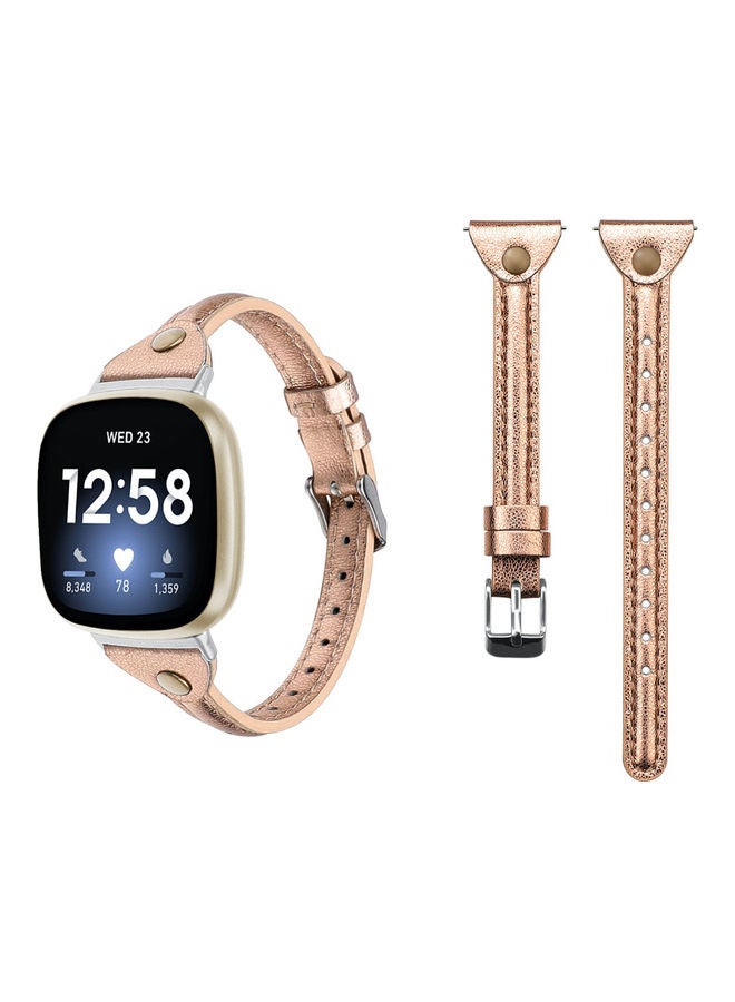 Perfii Slim Genuine Leather Replacement Band for Fitbit Versa 3 Rose Gold Pink
