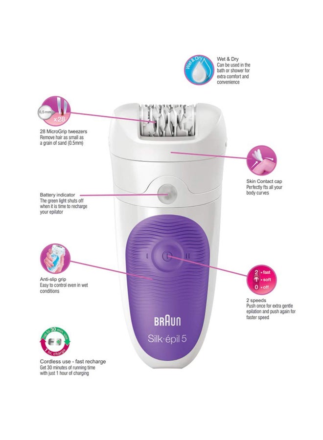 BRAUN - Silk-Epil 5 Wet And Dry Cordless Epilator White/Purple - Image 1