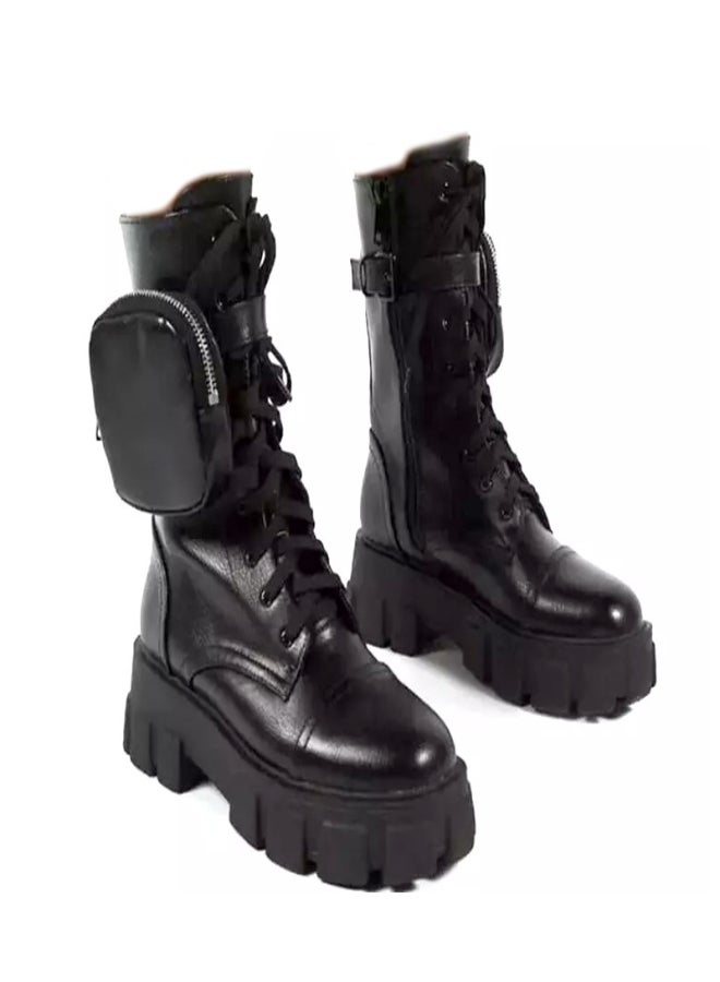 Wide Fit Chunky Pouch Martin Style Combat Ankle Boots Black  - Image 1