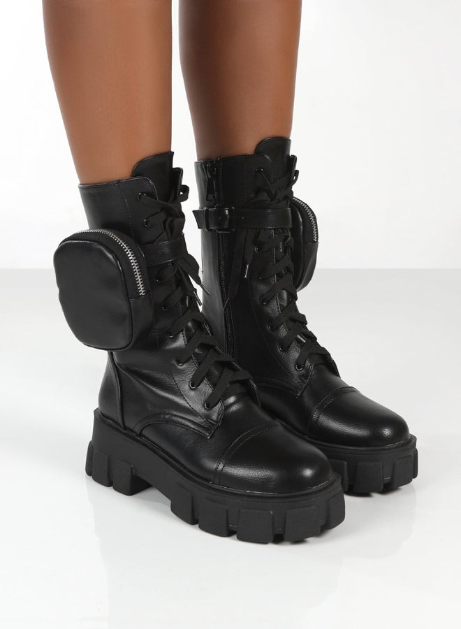 Wide Fit Chunky Pouch Martin Style Combat Ankle Boots Black  - Image 2
