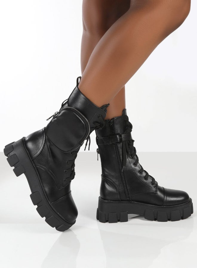 Wide Fit Chunky Pouch Martin Style Combat Ankle Boots Black  - Image 3