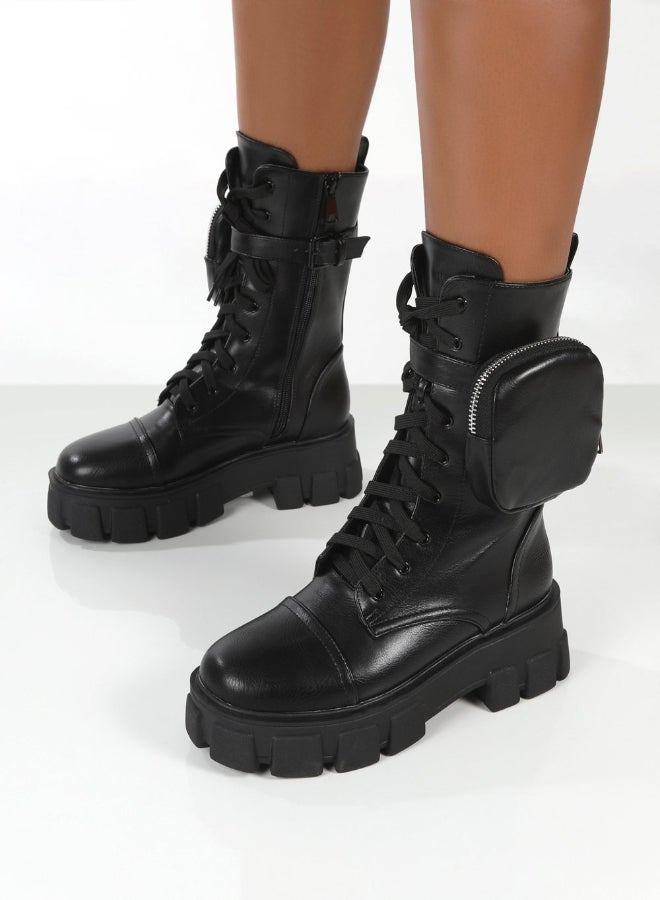 Wide Fit Chunky Pouch Martin Style Combat Ankle Boots Black  - Image 4