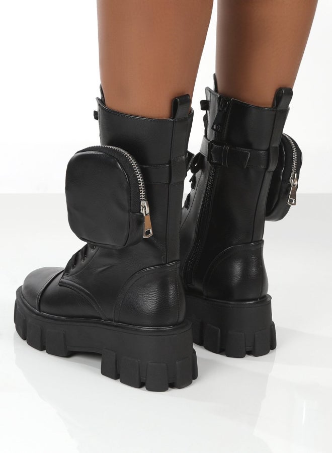 Wide Fit Chunky Pouch Martin Style Combat Ankle Boots Black  - Image 5