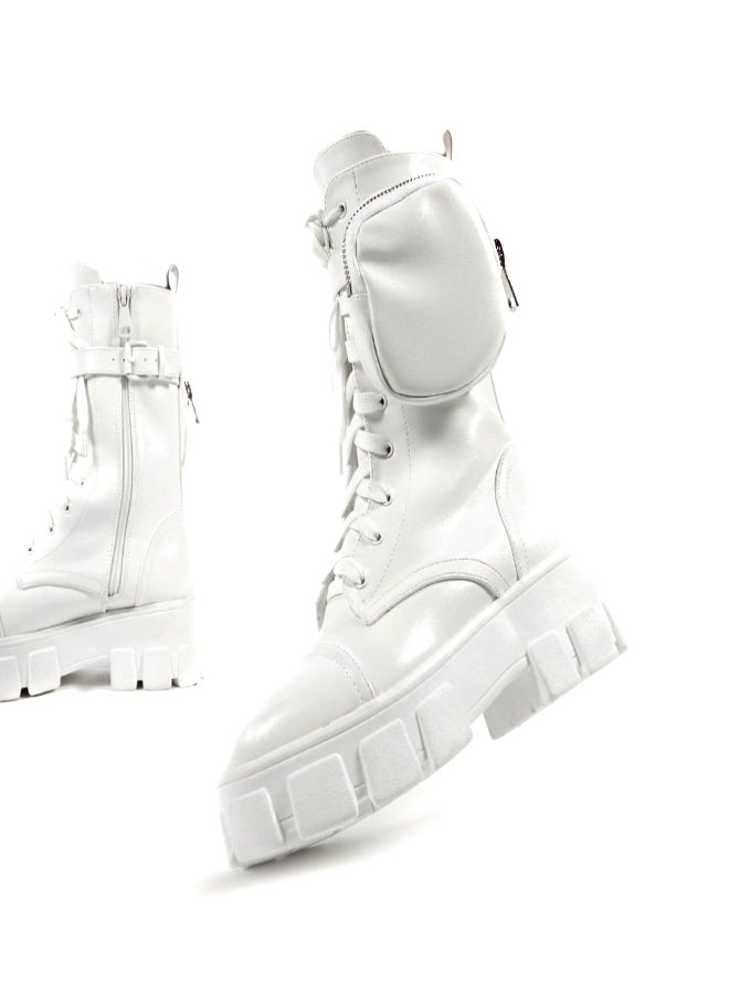 Wide Fit Chunky Pouch Martin Style Combat Ankle Boots White  - Image 1