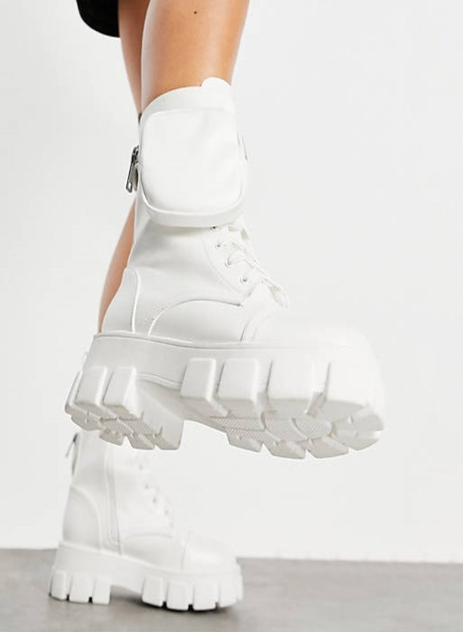 Wide Fit Chunky Pouch Martin Style Combat Ankle Boots White  - Image 2