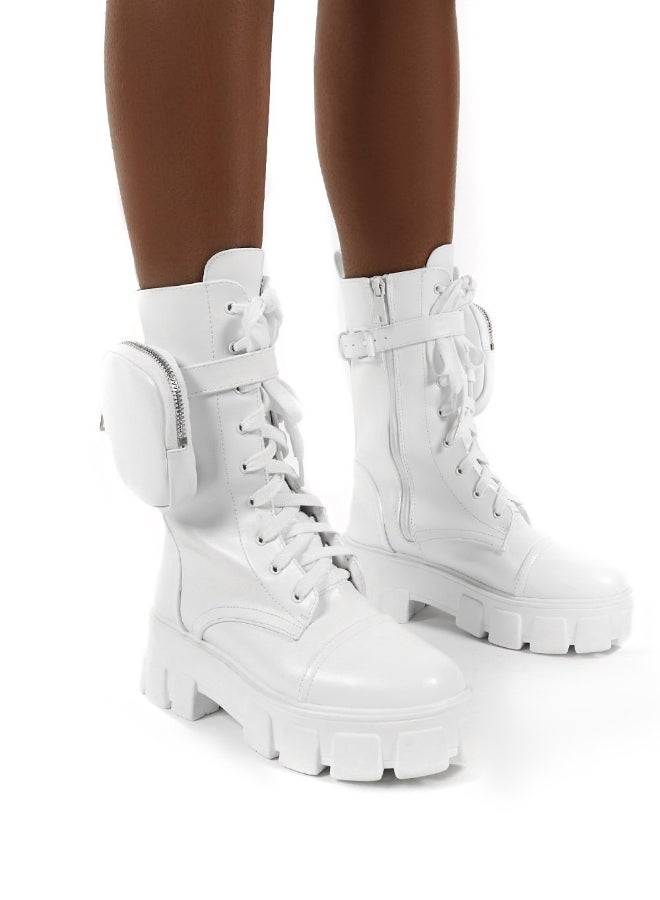 Wide Fit Chunky Pouch Martin Style Combat Ankle Boots White  - Image 4
