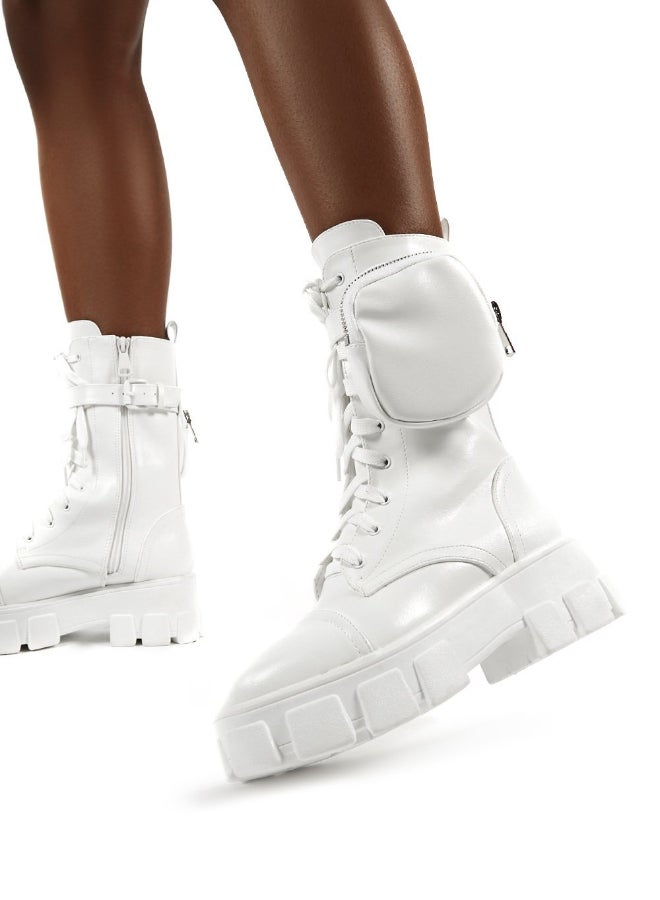 Wide Fit Chunky Pouch Martin Style Combat Ankle Boots White  - Image 5