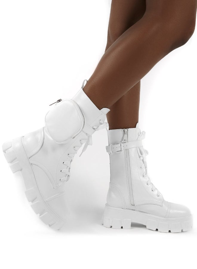 Wide Fit Chunky Pouch Martin Style Combat Ankle Boots White  - Image 3