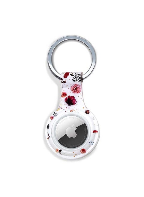 Silicone Protective Case Cover For Apple Airtags Wireless Tracker With Antilost Keyring Red Flowers White Background