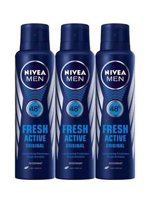 Pack Of 3 Fresh Active Deodorant Body Spray Blue/Grey 450ml