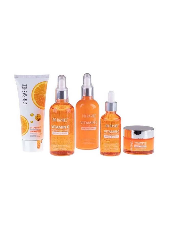 DR. RASHEL - 5-Piece Vitamin C Anti Aging And Skin Care Set Orange/White Facial Cleanser 80 g, Cleansing Milk 100 Ml, Essence Toner 100 Ml, Face Serum 50 Ml, Face Cream 50grams - Image 1