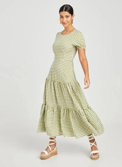 Closet By Styli Gingham Checked Tiered A-Line Maxi Dress Green