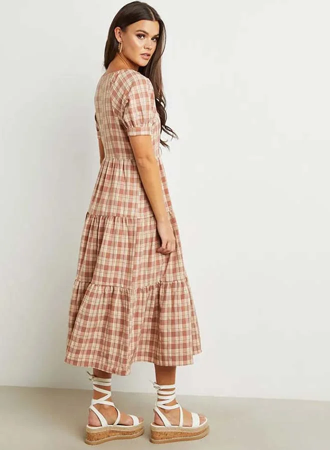 Closet By Styli Gingham Check Tiered Midi Dress Brown/White