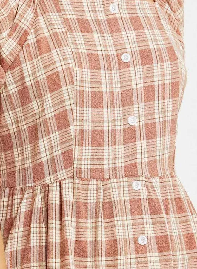 Closet By Styli Gingham Check Tiered Midi Dress Brown/White