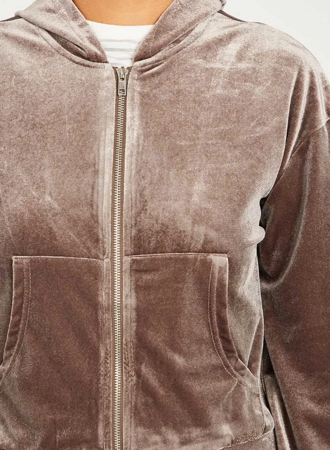 Closet By Styli Velvet Zip Though Short Hoodie Grey/Brown