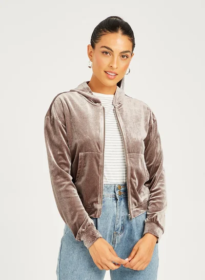 Closet By Styli Velvet Zip Though Short Hoodie Grey/Brown