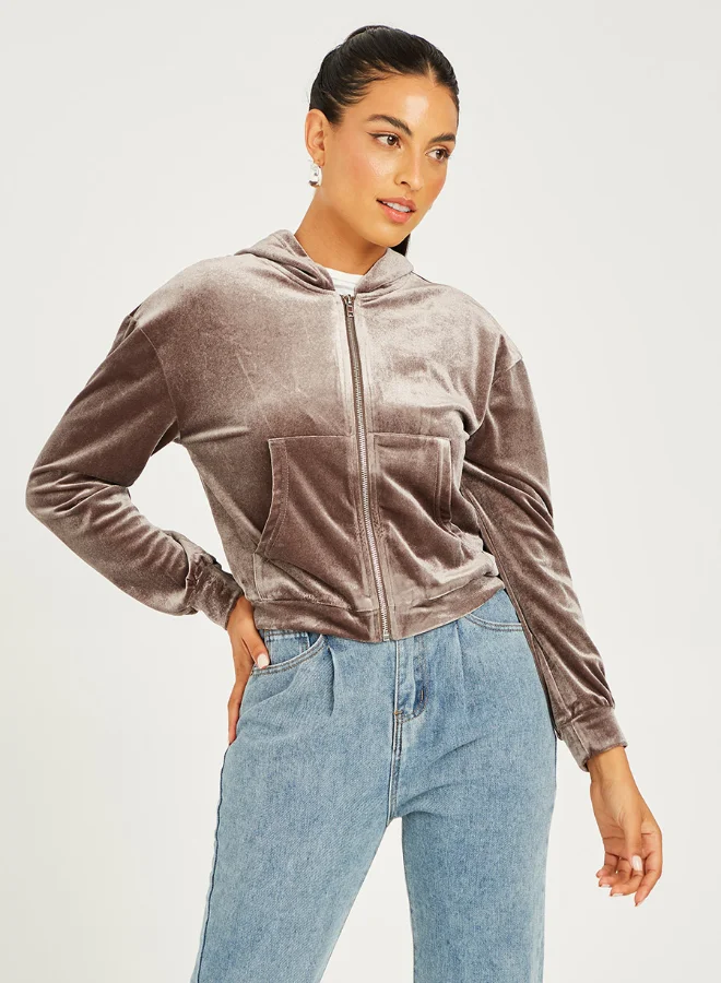 Closet By Styli Velvet Zip Though Short Hoodie Grey/Brown