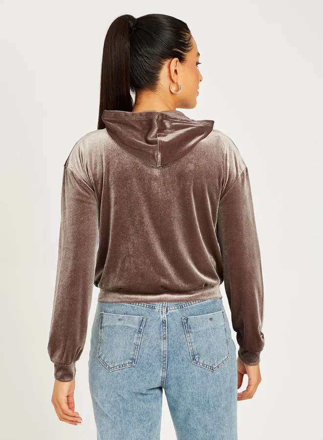 Closet By Styli Velvet Zip Though Short Hoodie Grey/Brown