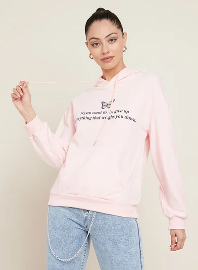 Closet By Styli Slogan Print Long Sleeve Regular Hoodie Light Pink