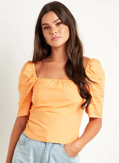 Closet By Styli Puff Sleeves Square Neck Short Slim Fit Top Orange