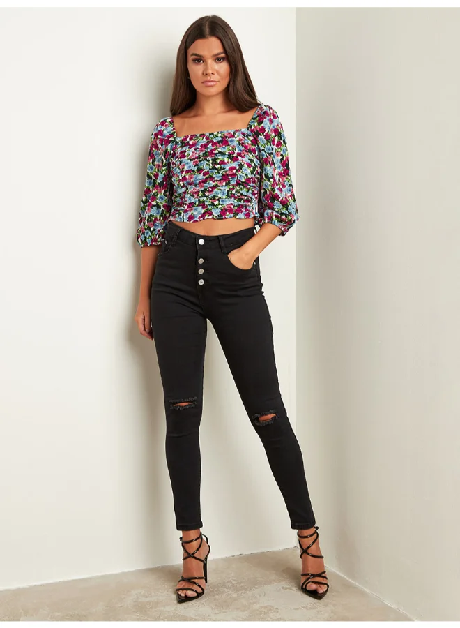 Closet By Styli Floral Printed Crop Top Blue/Red/Green