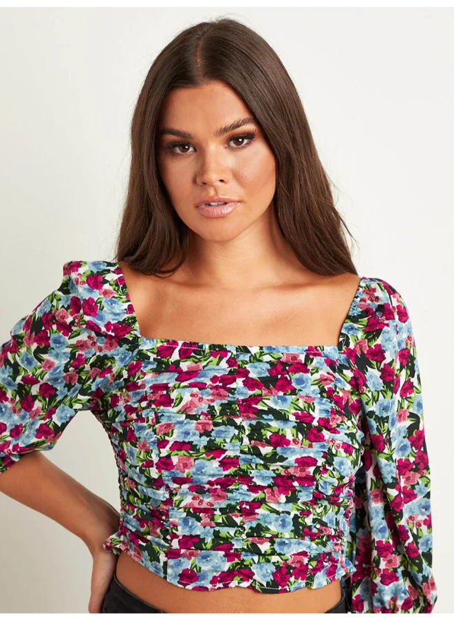 Closet By Styli Floral Printed Crop Top Blue/Red/Green