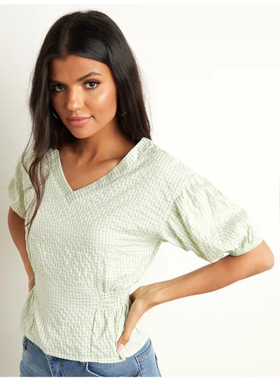 Closet By Styli Gingham Shirred Detailed V-Neck Short Sleeves Top Green/White