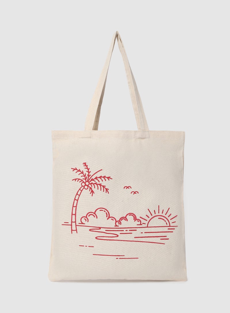 Amal - Beach Print Canvas Shopping And Grocery Bag  Color Shade May Vary Red/Beige - Image 1