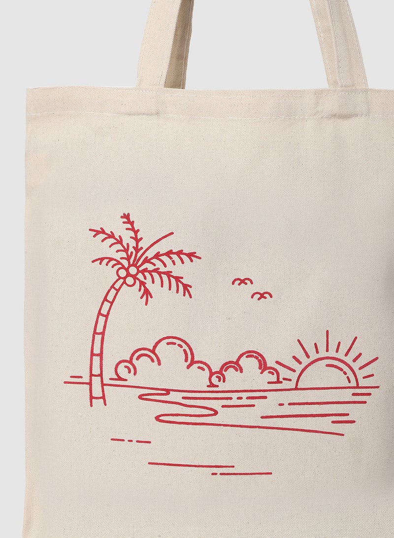Amal - Beach Print Canvas Shopping And Grocery Bag  Color Shade May Vary Red/Beige - Image 1