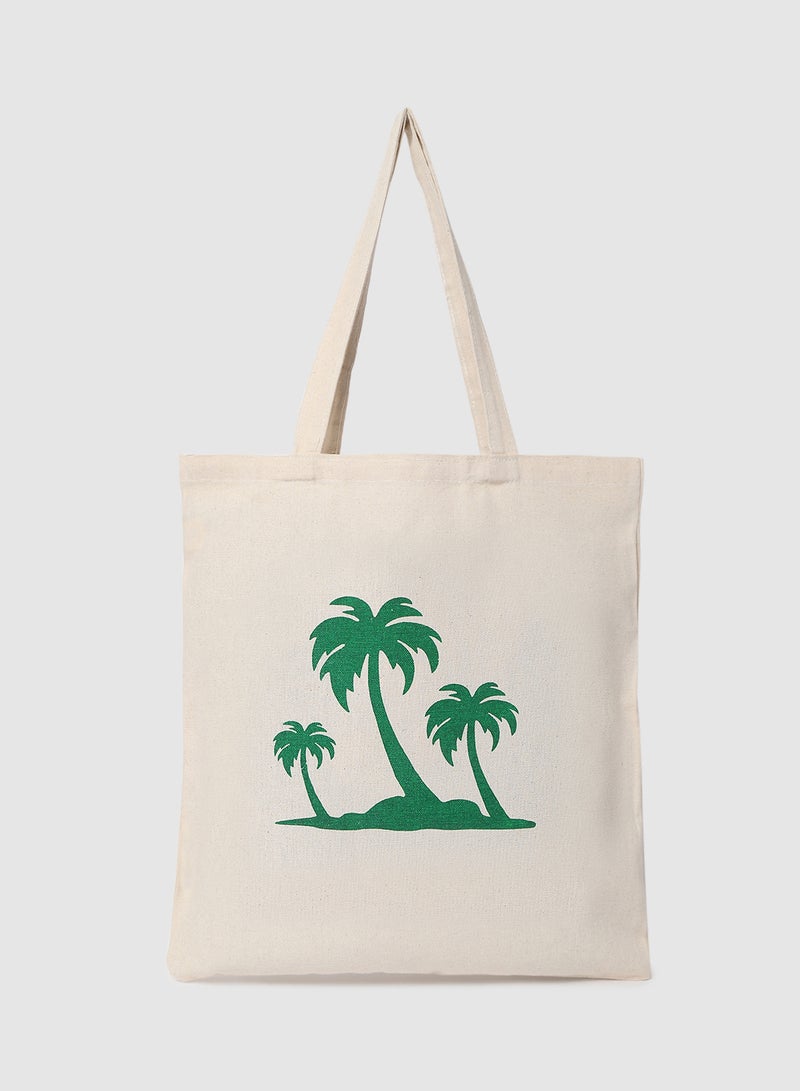 Amal - Palm Tree Cool Print Canvas Shopping And Grocery Bag  Color Shade May Vary Green/Beige - Image 1