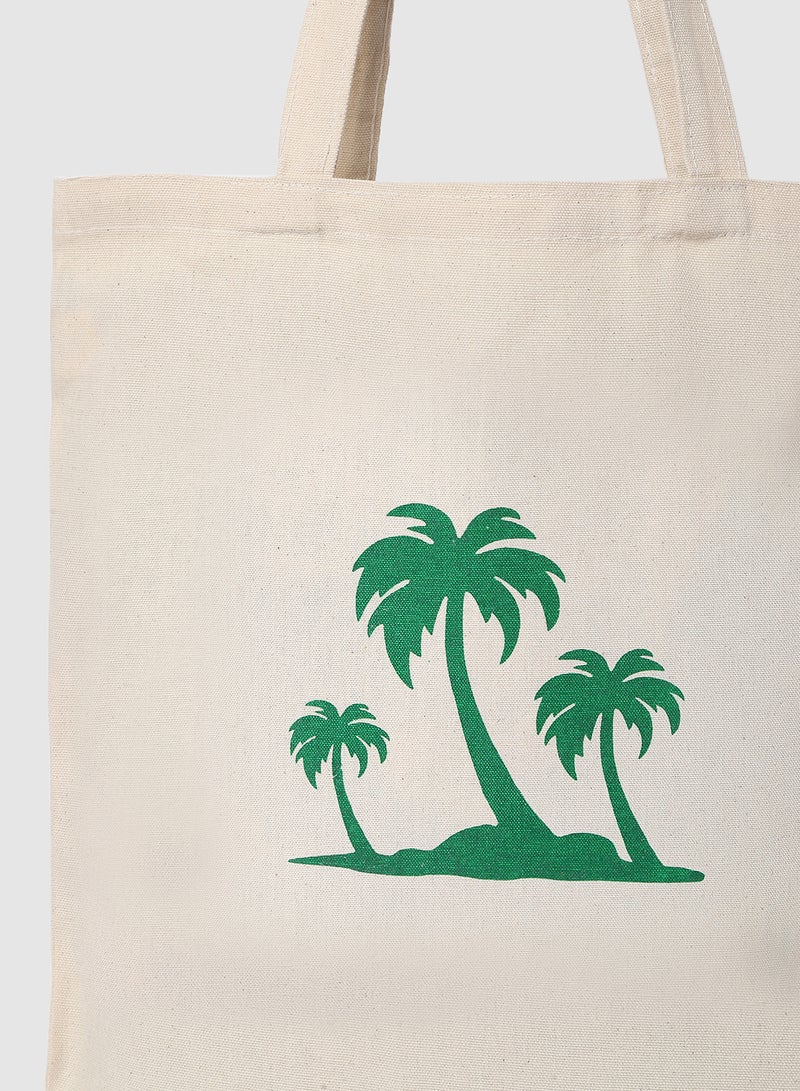 Amal - Palm Tree Cool Print Canvas Shopping And Grocery Bag  Color Shade May Vary Green/Beige - Image 1