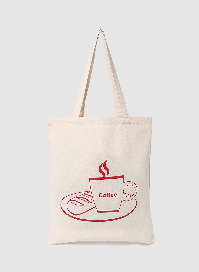 Amal - Coffee Print Canvas Shopping And Grocery Bag  Color Shade May Vary Red/Beige - Image 1