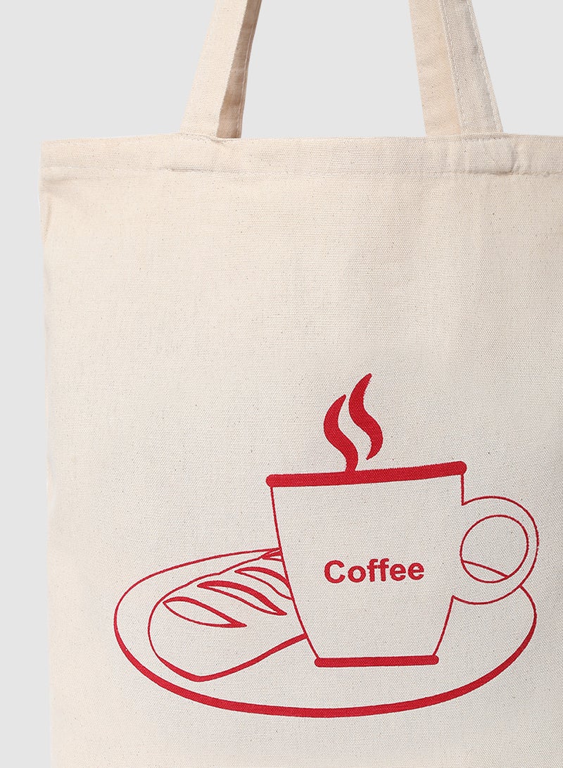 Amal - Coffee Print Canvas Shopping And Grocery Bag  Color Shade May Vary Red/Beige - Image 1