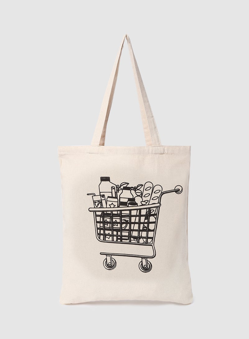 Amal - Grocery Print Canvas Shopping Bag  Color Shade May Vary Black/Beige - Image 1