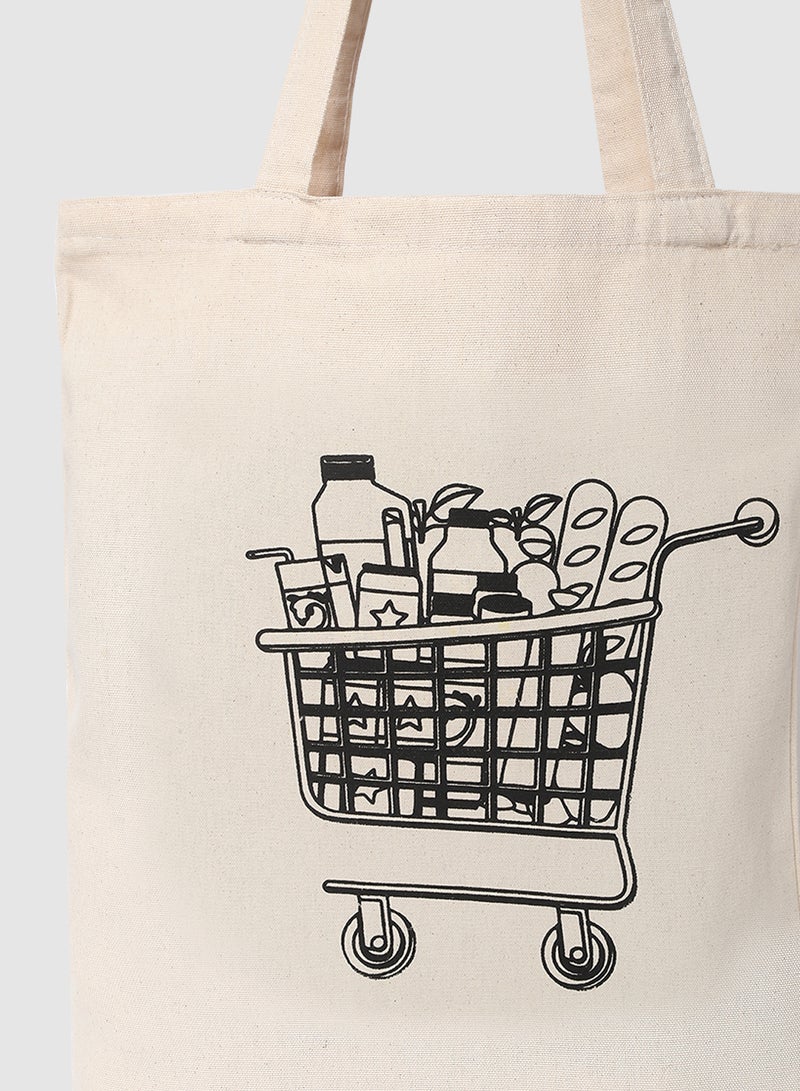 Amal - Grocery Print Canvas Shopping Bag  Color Shade May Vary Black/Beige - Image 1