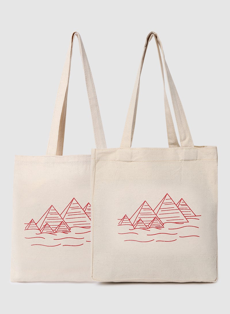 Amal - Pack Of 2 Pyramid Print Canvas Shopping And Grocery Bags Color Shade May Vary Red - Image 1