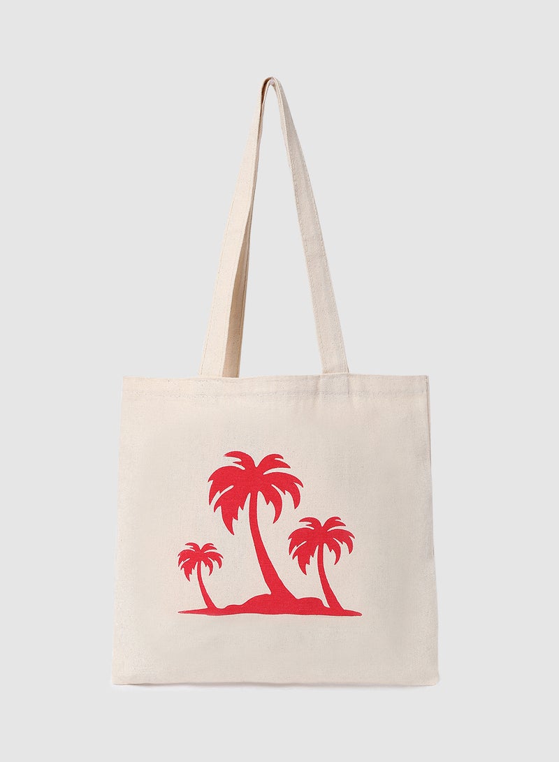 Amal - Pack Of 2 Palm Tree Print Canvas Shopping And Grocery Bags Color Shade May Vary Red - Image 1