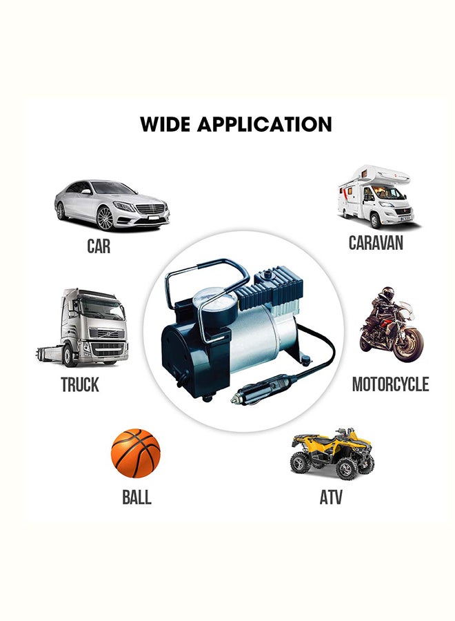 VTOOLS - 12V Portable Air Compressor Single Cylinder With 100 PSI, Tyre Inflator For Car/SUV With Auto Stop, Carrying Bag,1 Meter 4 Nozzles Silver/Black - Image 1