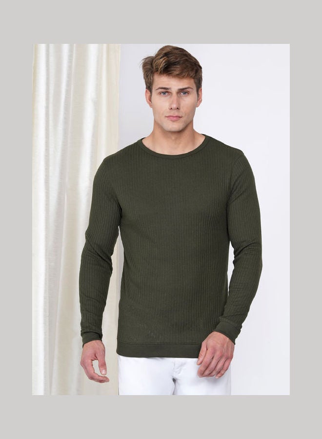 لورين سميث تيشيرت كاجوال بأكمام طويلة للرجال بنسيج مضلع أخضر داكن - Image 1