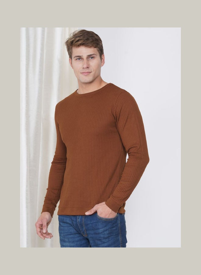 لورين سميث تيشيرت كاجوال بأكمام طويلة للرجال بنسيج مضلع بني - Image 4