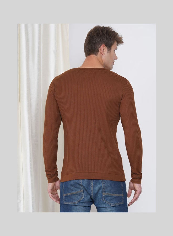 لورين سميث تيشيرت كاجوال بأكمام طويلة للرجال بنسيج مضلع بني - Image 2