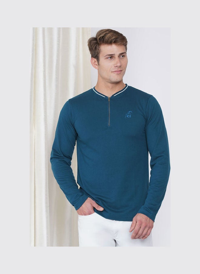 لورين سميث تيشيرت كاجوال بأكمام طويلة وفتحة رقبة هينلي وملمس بارز للرجال أزرق - Image 1