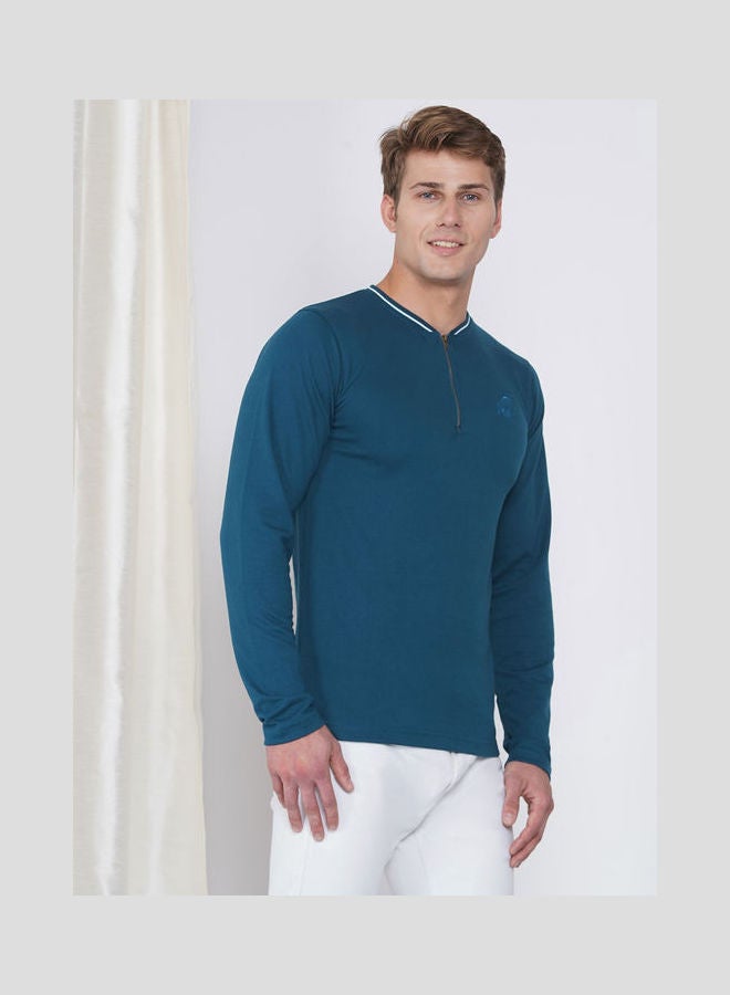 لورين سميث تيشيرت كاجوال بأكمام طويلة وفتحة رقبة هينلي وملمس بارز للرجال أزرق - Image 3