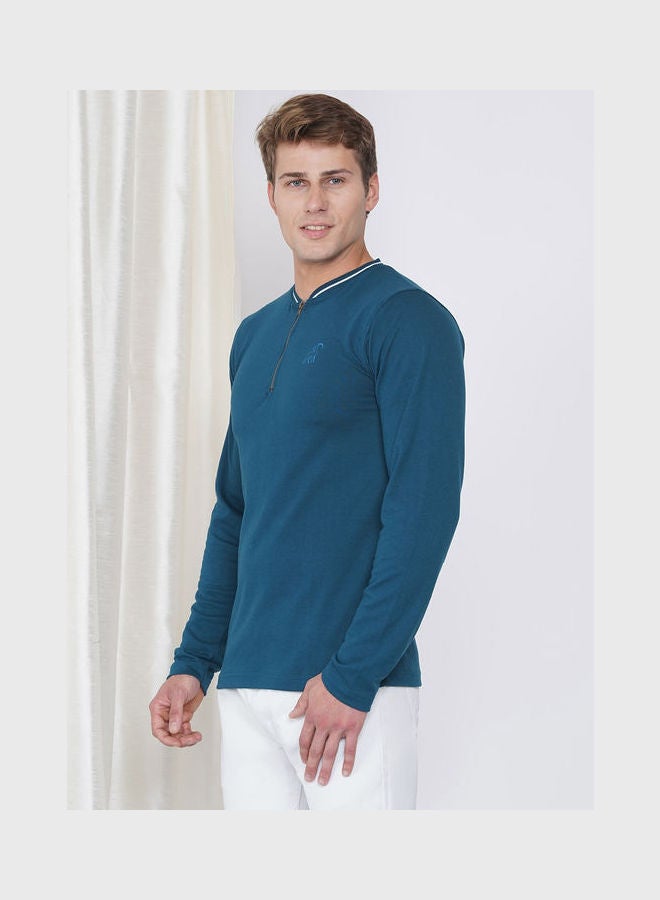 لورين سميث تيشيرت كاجوال بأكمام طويلة وفتحة رقبة هينلي وملمس بارز للرجال أزرق - Image 4