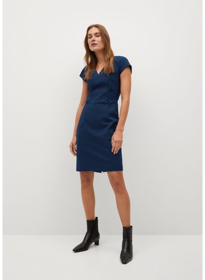 MANGO - Seam Detail V-Neck Mini Dress Navy Blue - Image 1