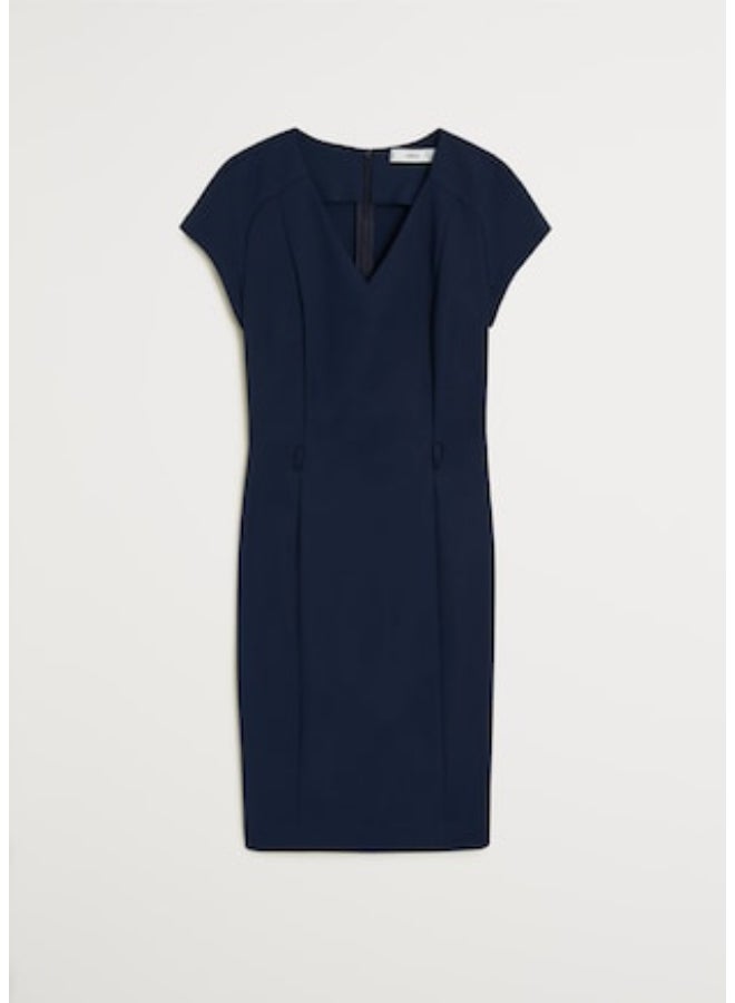 MANGO - Seam Detail V-Neck Mini Dress Navy Blue - Image 1
