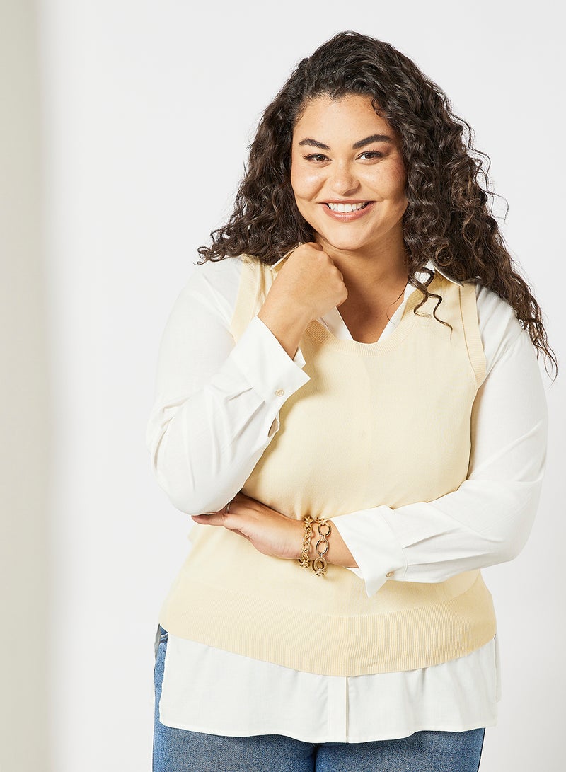 Violeta By Mango - Plus Size Fine Knit Top Beige - Image 1