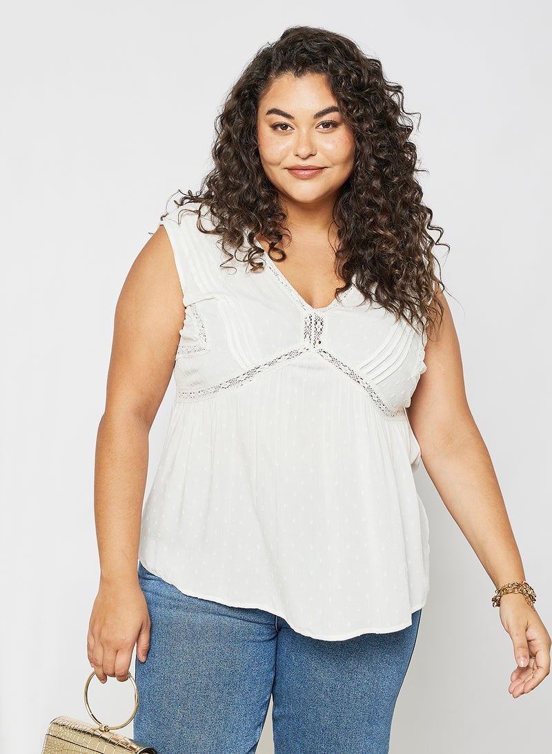 Violeta By Mango - Lace Trim Sleeveless Blouse White - Image 1
