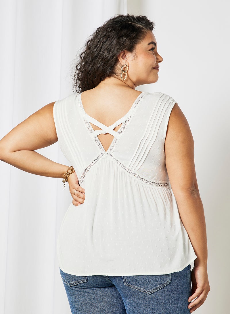Violeta By Mango - Lace Trim Sleeveless Blouse White - Image 1
