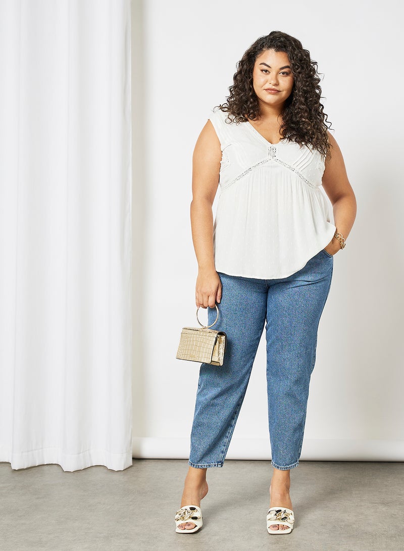 Violeta By Mango - Lace Trim Sleeveless Blouse White - Image 1